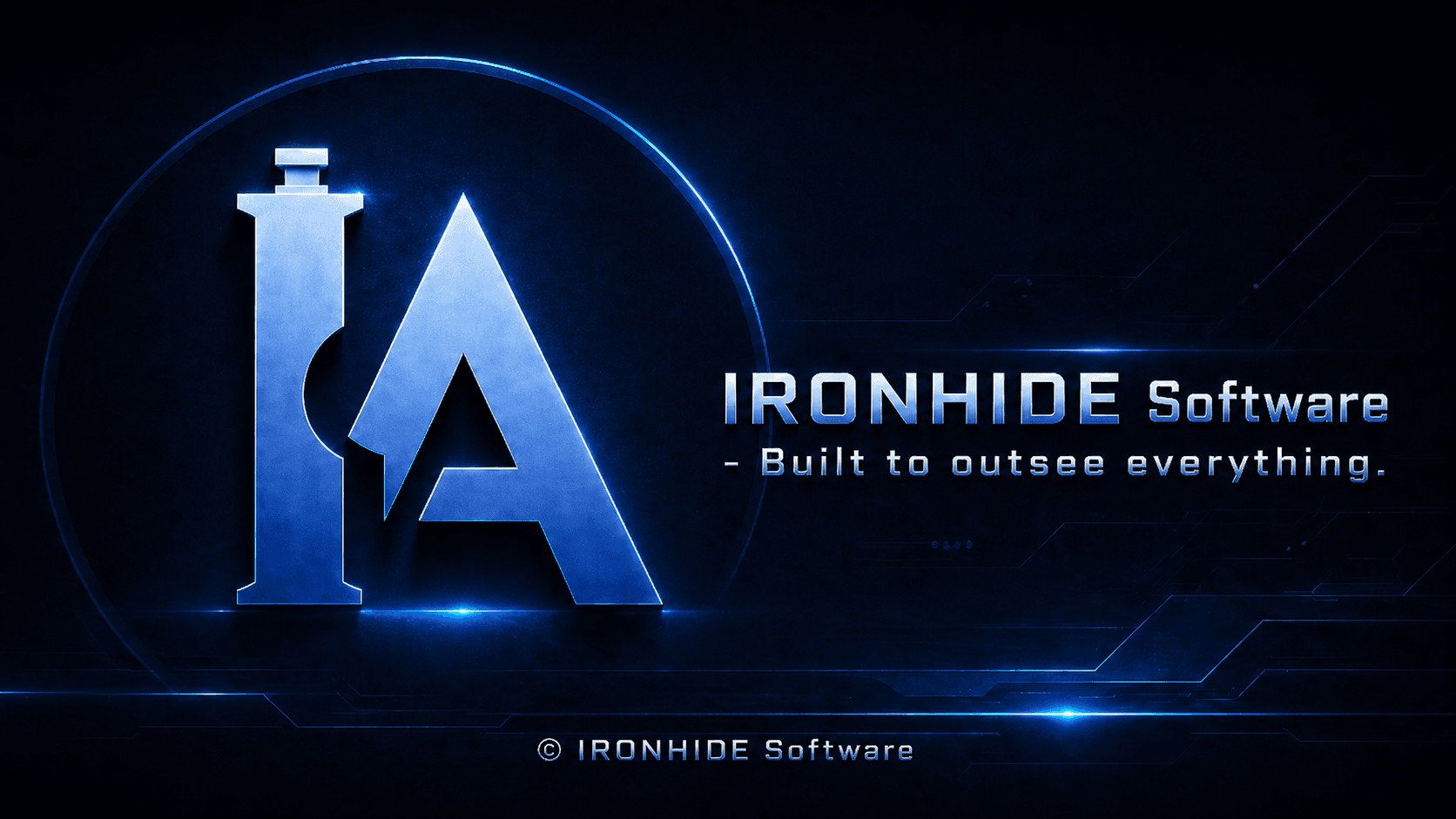 IRONHIDE Software metallic IA logo on a dark blue circuit background